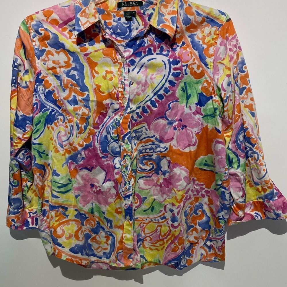 Lauren Ralph Lauren XL Multi Color Paisley Floral Watercolor Cotton Button Down